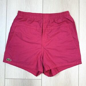 Vintage IZOD Lacoste Men's Swim Trunks S Hong Kong 100% Cotton Pink Logo Pockets